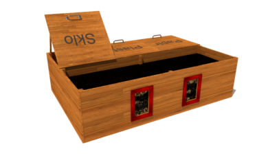 Herní prvek od firmy Hřiště hrou z Turnova, hand made. Dřevěný doplněk odpadkové koše na tříděný odpad s kompostem, vyrobený z akátového a dubového dřeva. Odpadkové koše na tříděný odpad s kompostem, s průhledy, vyrobený z akátového a dubového dřeva.