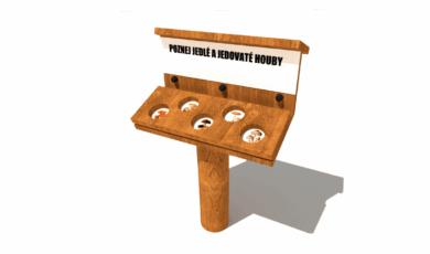 Herní prvek od firmy Hřiště hrou z Turnova, hand made. Dřevěný naučný prvek informační tabule poznej jedlé a jedovaté houby, vyrobený z akátového a dubového dřeva. Dřevěný naučný prvek informační tabule poznej jedlé a jedovaté houby, vyrobený z akátového a dubového dřeva